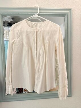 Joie Cream Pintuck Button-Front Blouse with Eyelet Cuffs